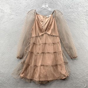 Storia Womens Sheer Polka Long Puff Sleeve Mini V-Neck Tiered Dress Beige Size M